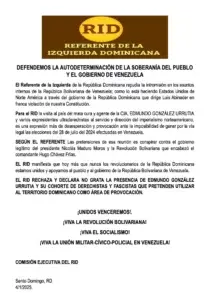 El comunicado de Referente de la Izquierda Dominicana (RID). Fuente externa