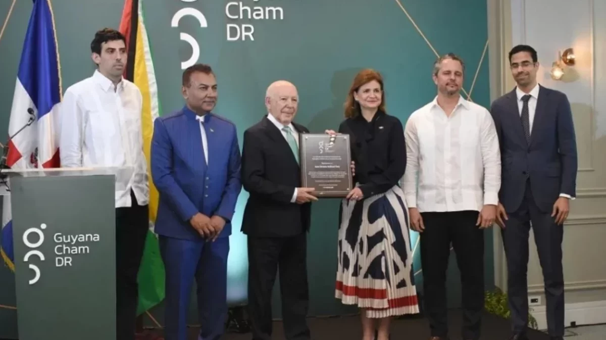 La vicepresidenta junto a representantes de Guyana durante el encuentro. Foto externa.