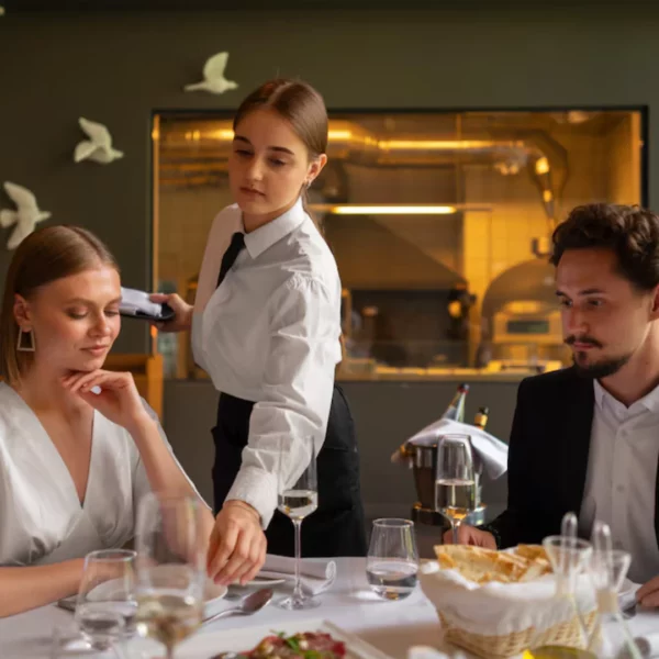 Una camarera sirve una mesa con dos comensales (Freepik)
