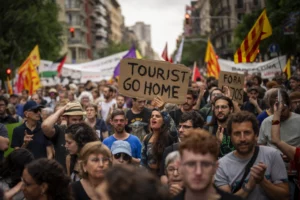 Manifestantes marchan gritando consignas contra el Festival de la Fan de Fórmula 1 en Barcelona, ​​España, el miércoles 19 de junio de 2024, durante la protesta vecinal contra el turismo de masas.
