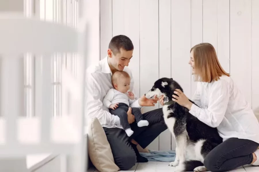 Pareja con un bebé y perro Pareja con un bebé y perro