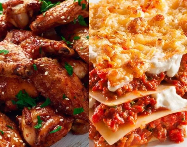 Alitas de pollo-Lasaña de res.