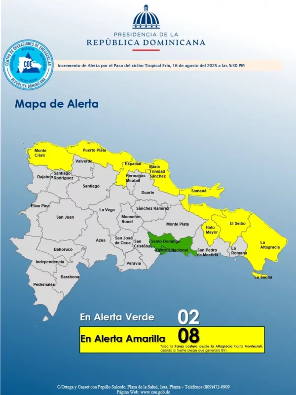 Mapa de provincias bajo alerta por huracán Erin