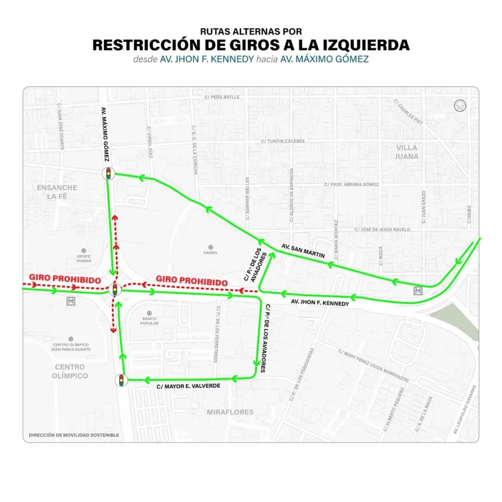 restricción de giros en la John F. Kennedy hacia el norte por la Máximo Gómez