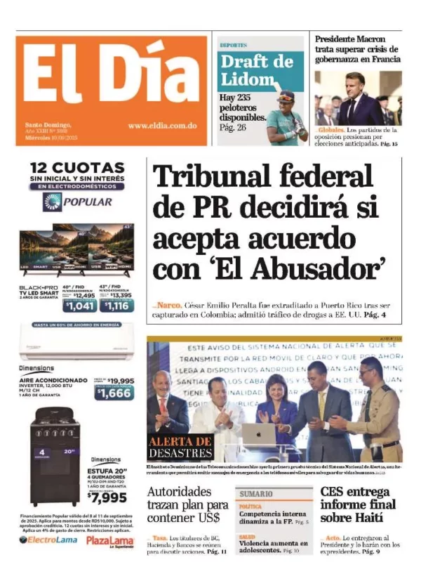 El Dia PDF - Portada impresa 10-09-2025
