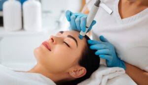 Smart skilled female cosmetologist using modern device