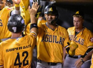 Jugadores de las Águilas  Cibaenas se saludan durante el partido en el Estadio Tetelo Vargas.