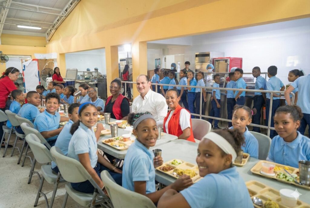 Director del Inabie, Adolfo Pérez, compartiendo el almuerzo escolar con estudiantes.