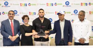 Juan José Rodríguez de JJ Sports; Alba Carolina Objio de Cerveza Presidente; Agustín Ramírez, Ganador del premio Novato del Año 2025 en Grandes Ligas; Héctor Ramírez de Ecopetroleo y Neurys Galva Reyes de Pinturas Tropical.