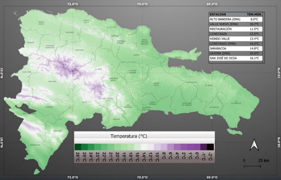 Mapa de temperaturas mínimas en el país correspondiente al domingo 1 de febrero.