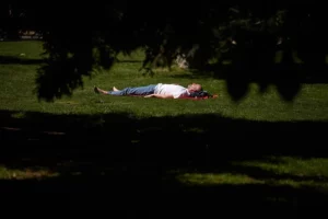 Un hombre descansa al sol en un parque.