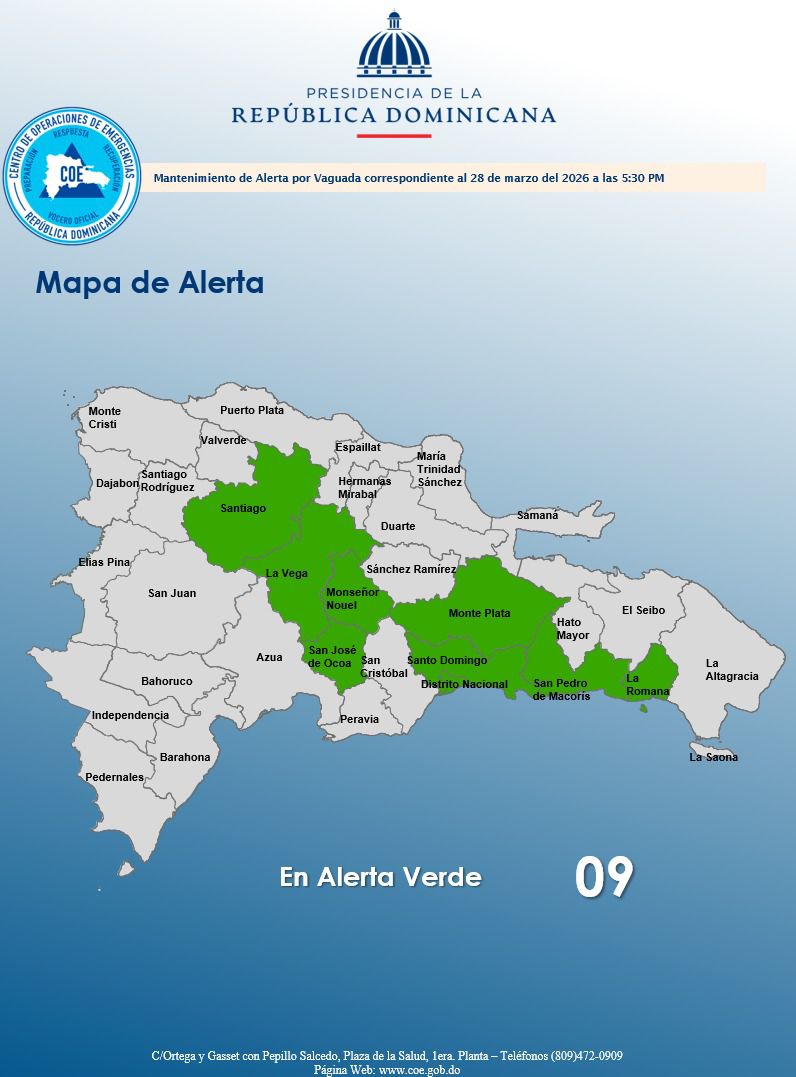 COE mantiene 9 provincias en alerta verde por vaguada