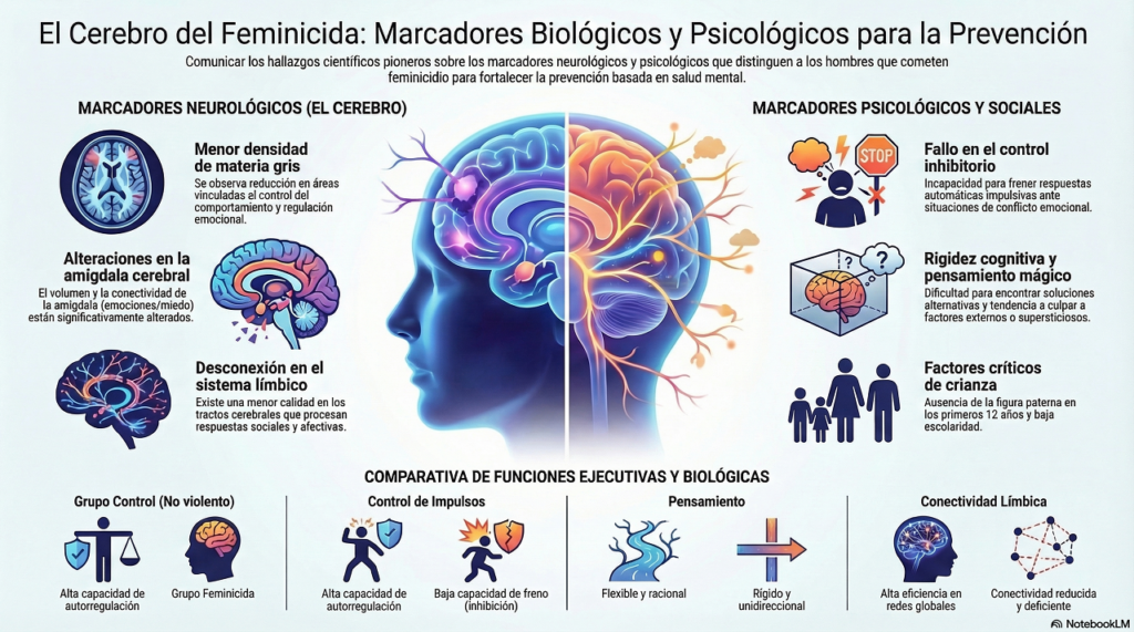 Infografía marcadores cerebrales asociados al feminicidio. Realizada con IA en NotebookLM