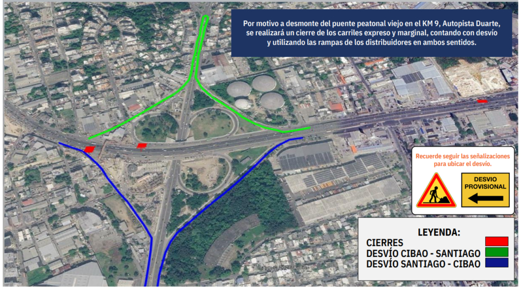 ¡Atención conductores! cerrarán vías del Km 9 de la autopista Duarte esta noche por retiro puente peatonal