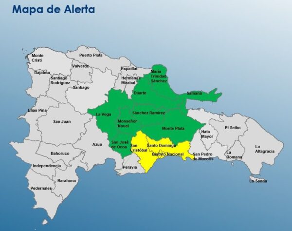 Mapa de las alertas por lluvias registradas en el país debido a vaguada.
