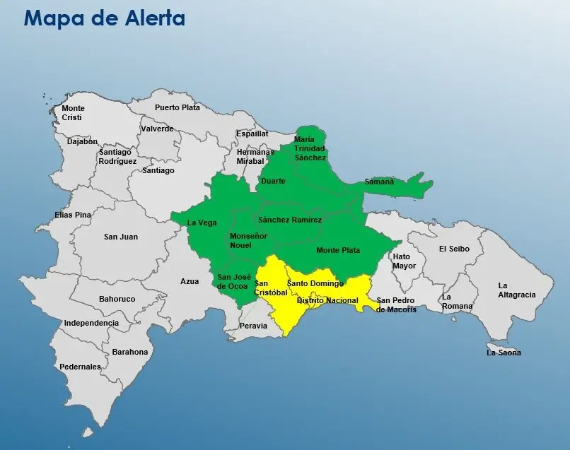 Mapa de las alertas por lluvias registradas en el país debido a vaguada.