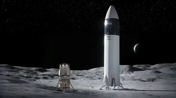 Fotografía cedida por la NASA que muestra una ilustración del módulo de aterrizaje Blue Moon de Blue Origin (i) y el módulo de aterrizaje Starship de SpaceX (d) en la superficie lunar.
