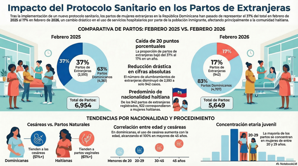 Partos extranjeras bajan a 17% en febrero. Infografía NotebookLM.
