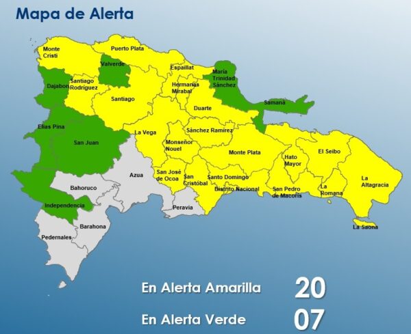 COE eleva a 20 las provincias en alerta amarilla por las lluvias que incidirán en el país desde hoy y que se pueden extender hasta el fin de semana.
