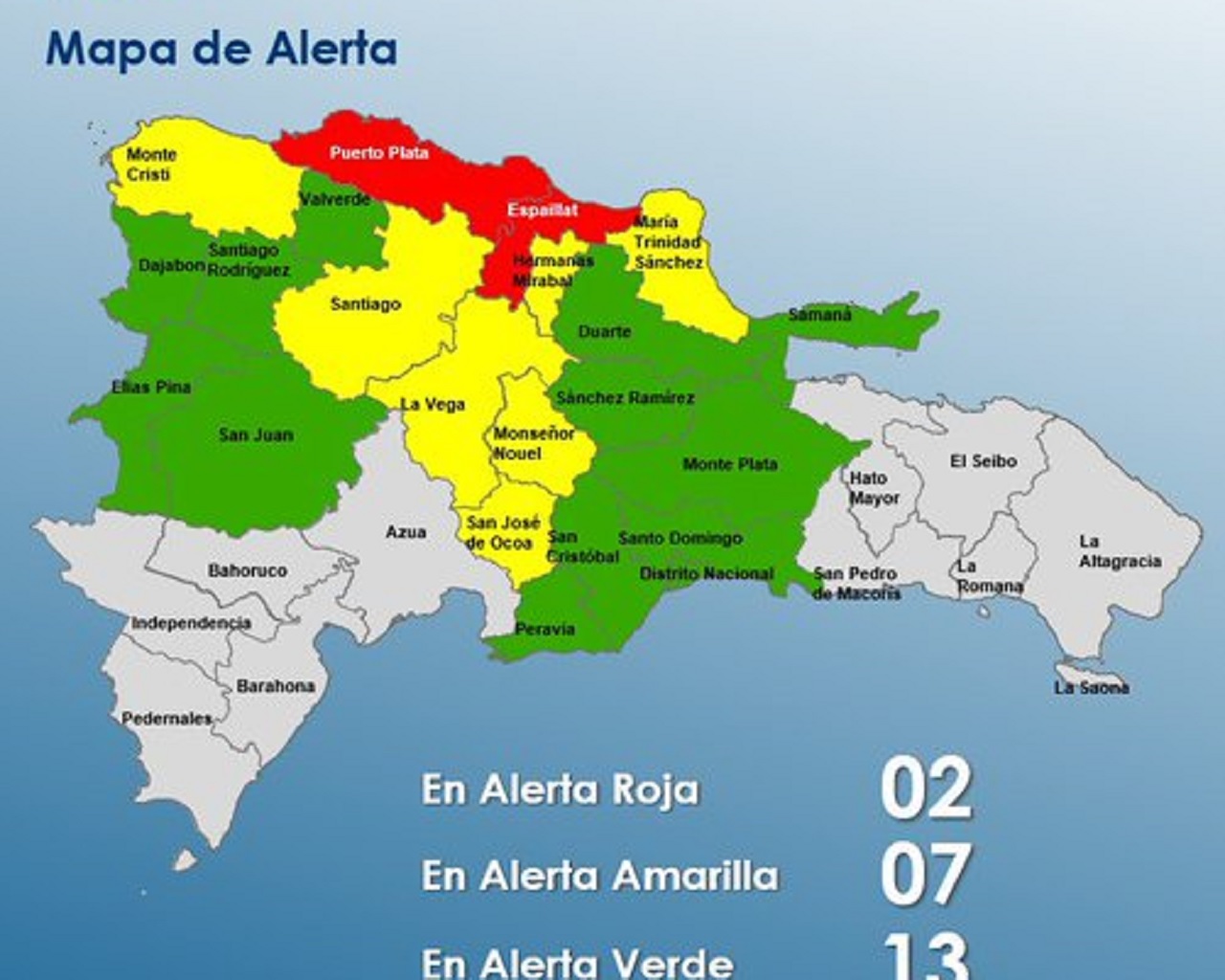 COE coloca en alerta roja a Puerto Plata y Espaillat; otras 7 provincias están en amarilla y 13 en verde por lluvias