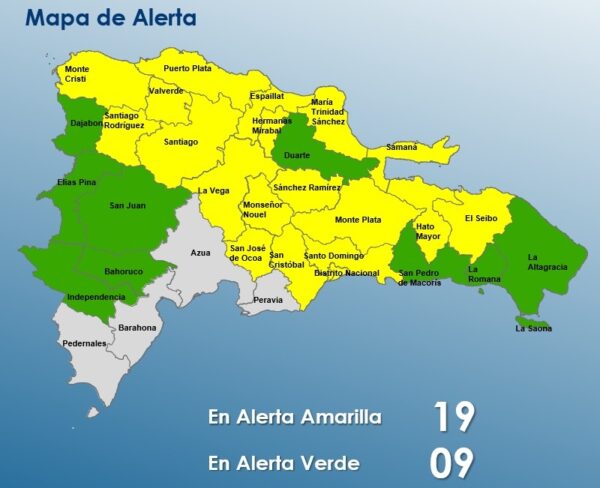 Mapa del COE con las provincias en alerta.
