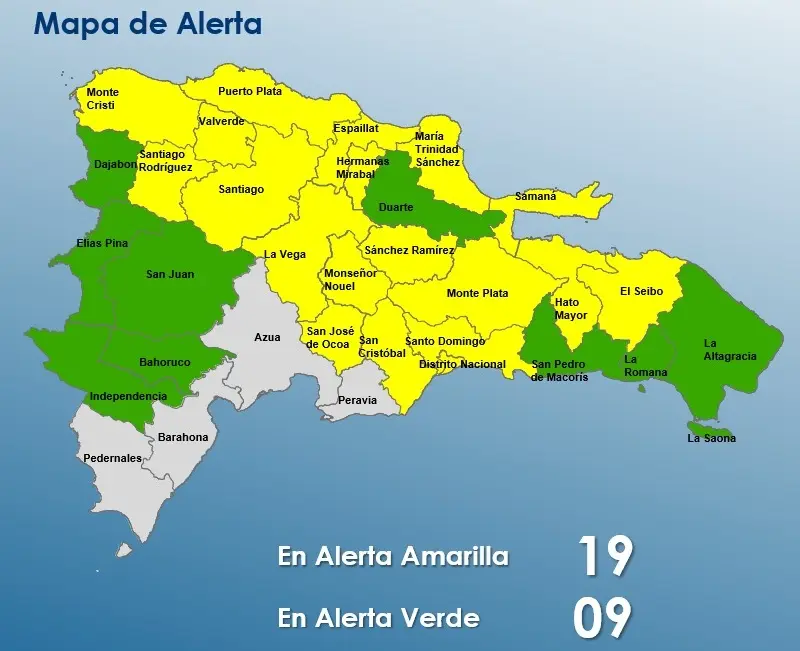 Mapa del COE con las provincias en alerta.
