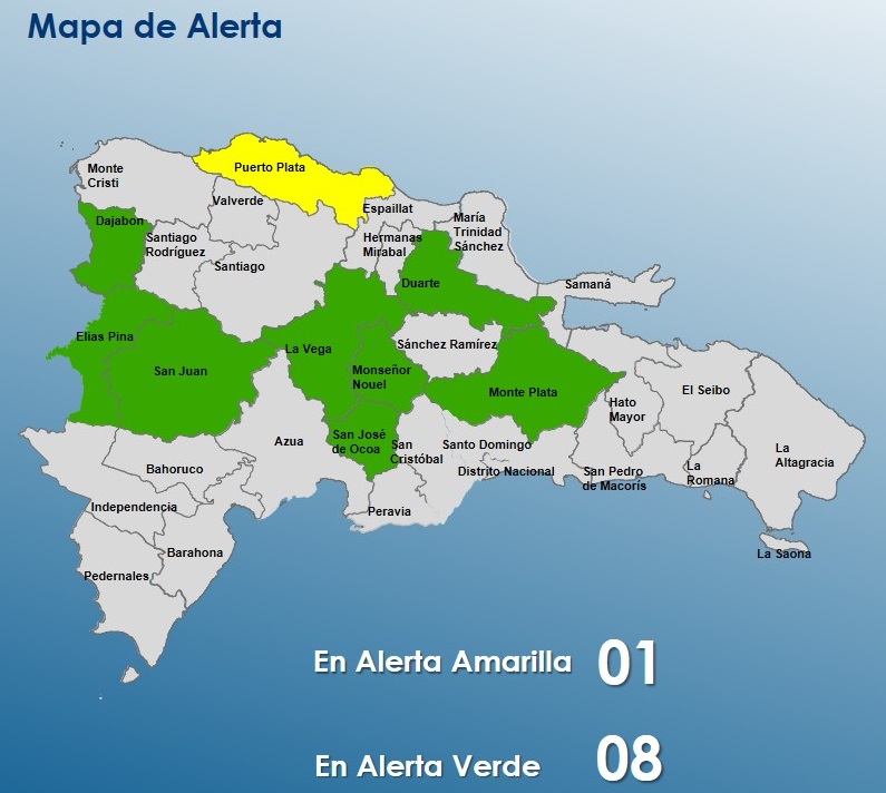 Mapa del COE con las provincias en alertas por lluvias.