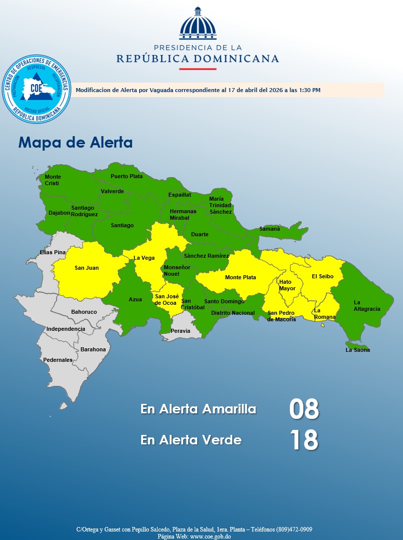 Ocho provincias se encuentran en alerta amarilla