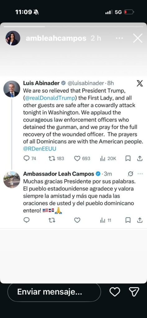 Embajadora Leah Campos agradece solidaridad de Abinader tras atentado a Trump