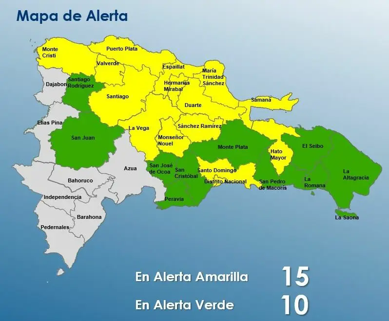 COE eleva a 14 provincias y el Distrito Nacional en alerta amarilla por lluvias