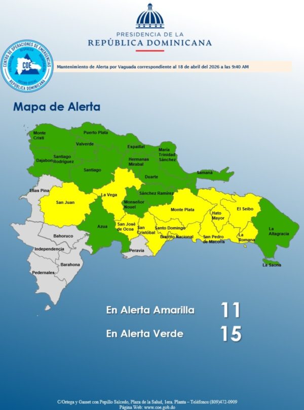 El COE mantiene a 11 provincias en alerta amarilla y 15 en alerta verde