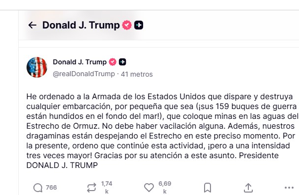Trump ordena destruir embarcaciones en el Estrecho de Ormuz