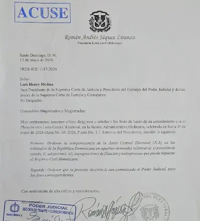 Carta enviada por JCE al presidente de la Suprema.
