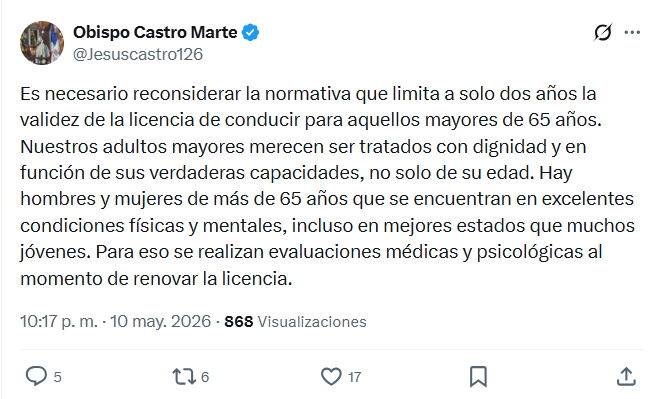 Obispo Castro Marte pide trato “digno” para conductores mayores de 65 años
