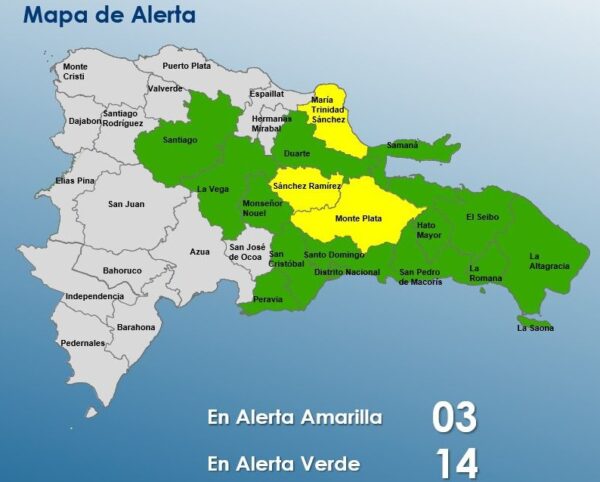 Mapa de las alertas por lluvias del COE.