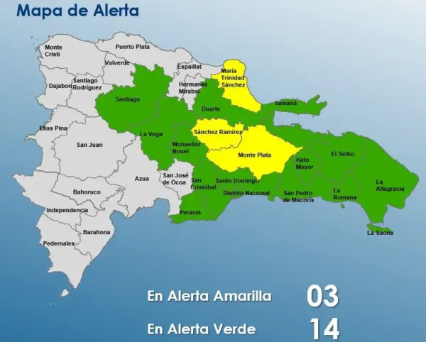 Mapa de las alertas por lluvias del COE.