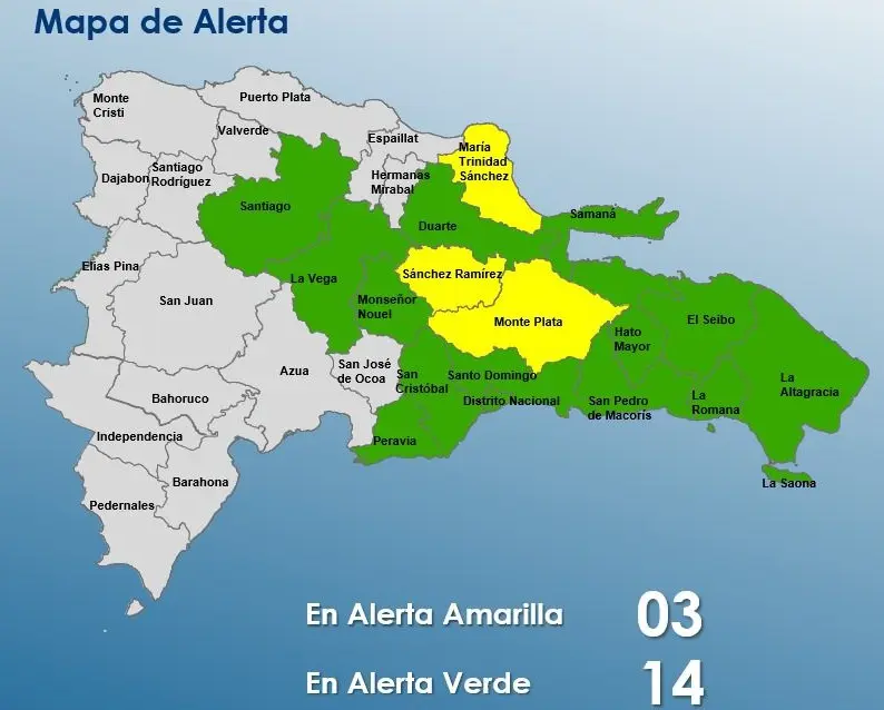 Mapa de las alertas por lluvias del COE.