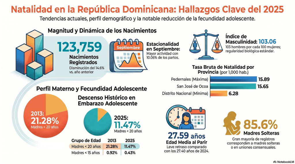 Natalidad en República Dominicana cae 14.6 % en 2025 y marca su nivel más bajo en cinco años. Infografía creada con IA.