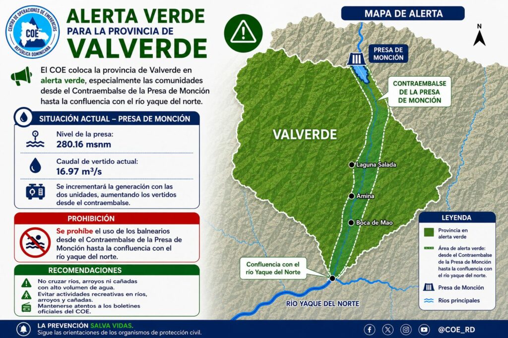 COE prohíbe uso de balnearios en el río Mao y emite alerta verde en Valverde