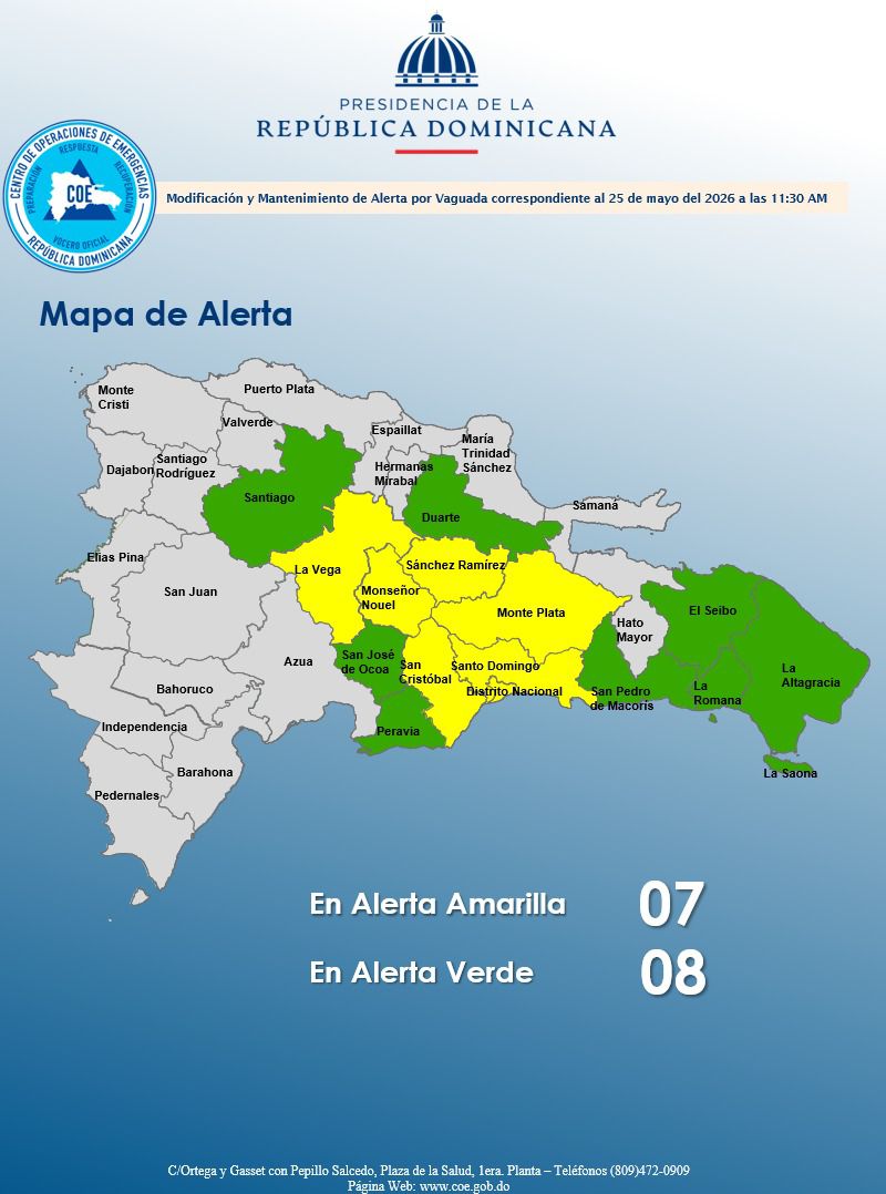 COE mantiene 15 provincias bajo alerta meteorológica por vaguada