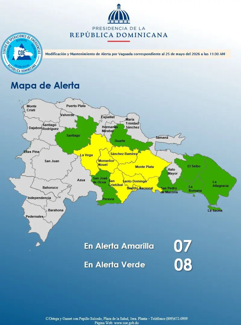 COE mantiene 15 provincias bajo alerta meteorológica por vaguada