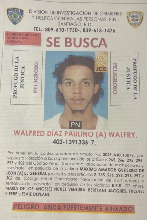 Walfred Díaz Paulino, alias “Walfry”, señalado como uno de los diez prófugos más buscados por las autoridades de Santiago