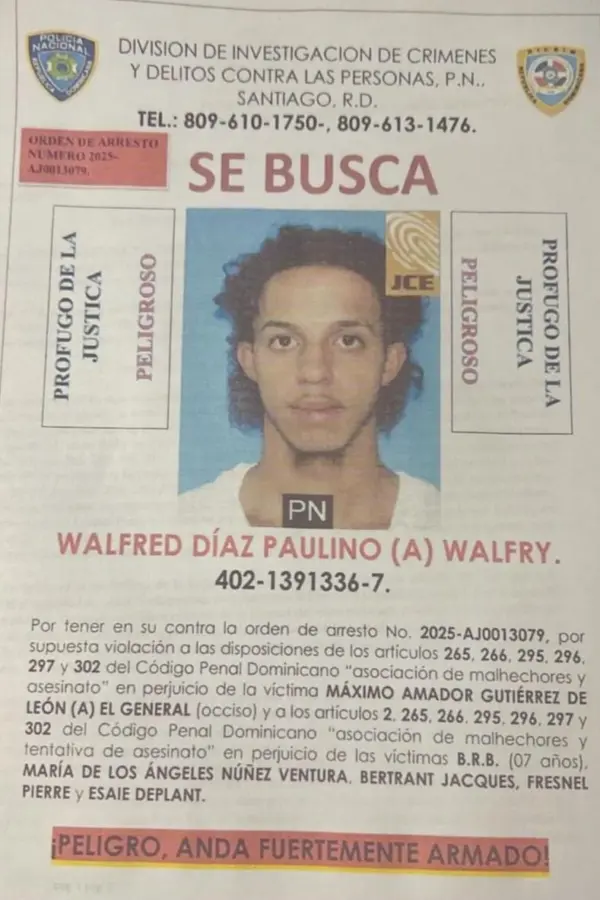 Walfred Díaz Paulino, alias “Walfry”, señalado como uno de los diez prófugos más buscados por las autoridades de Santiago