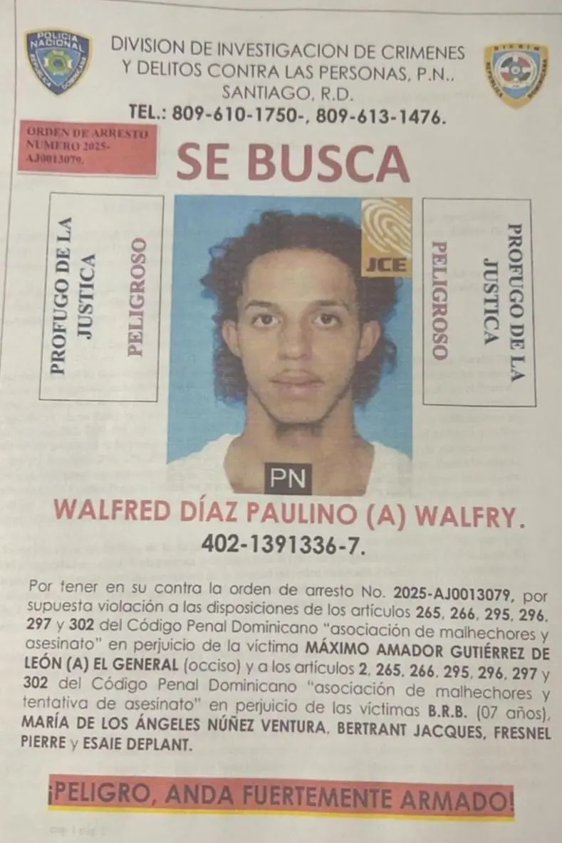 Walfred Díaz Paulino, alias “Walfry”, señalado como uno de los diez prófugos más buscados por las autoridades de Santiago