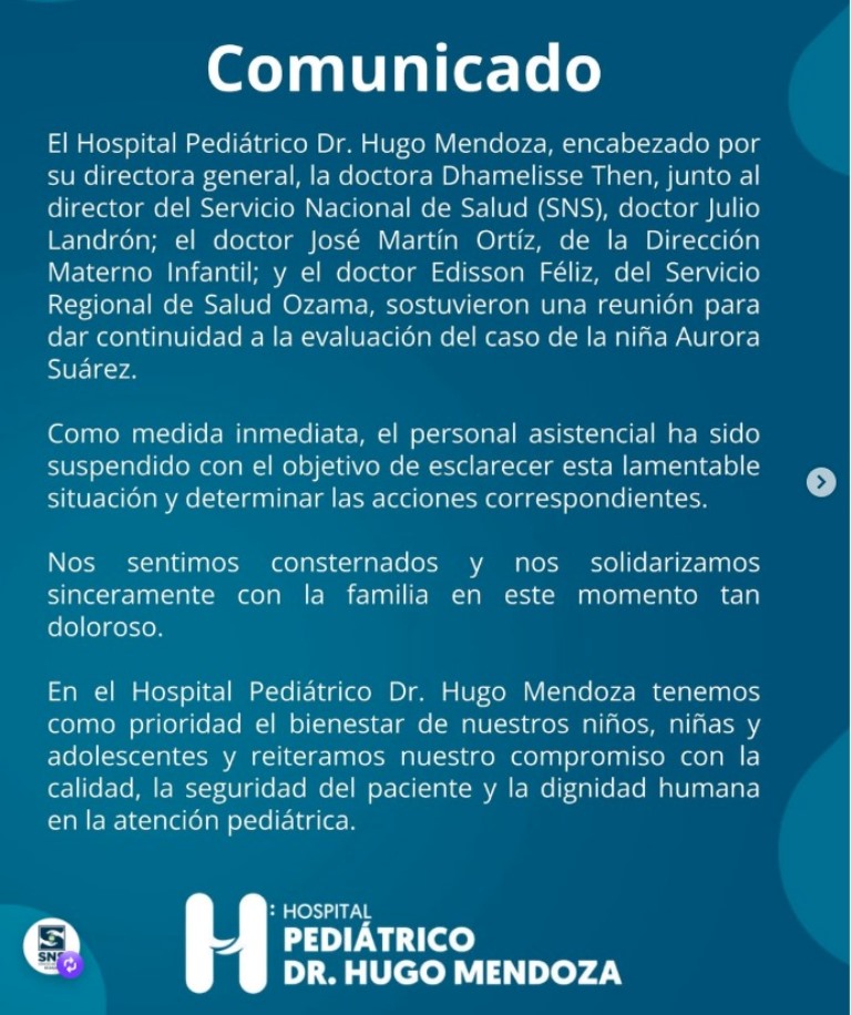 Suspenden personal del Hospital Hugo Mendoza tras muerte de niña de 5 años en emergencia