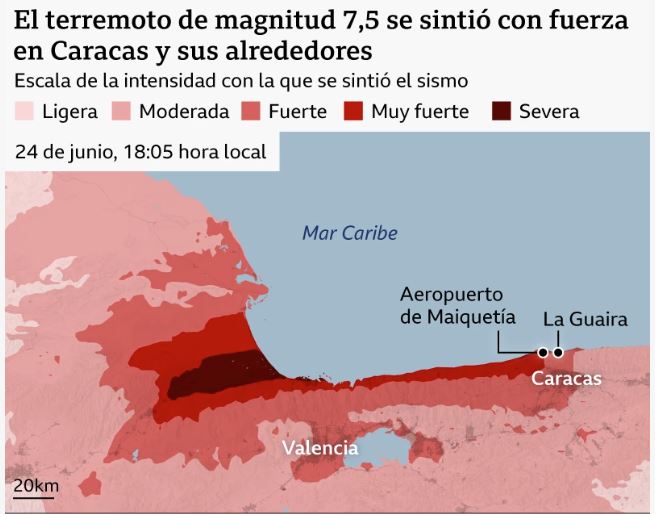 Gráfico que muestra la magnitud y el impacto de un fuerte terremoto en Venezuela