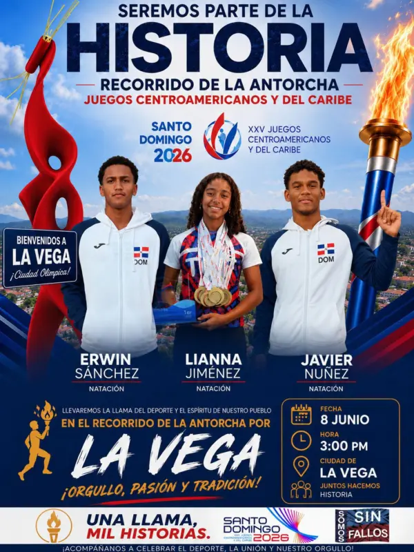 Afiche con el cual está promocionando la comunidad de La Vega el paso de la antorcha de los Juegos Santo Domingo 2026 por su territorio.