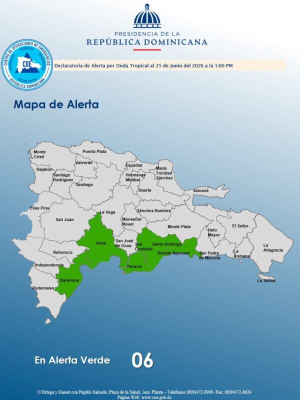 COE emite alerta verde para 6 provincias por onda tropical