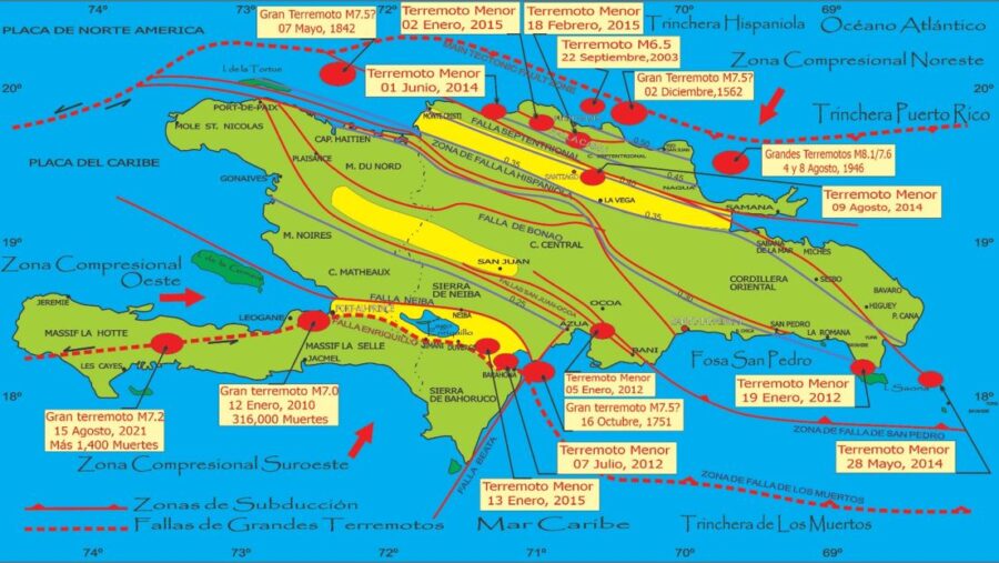 Imagen de ilustración sobre: las principales fallas sismicas de la Isla Hispaniola y principales terremotos ocurridos desde 1562. Funte Externa/Osiris de León.
