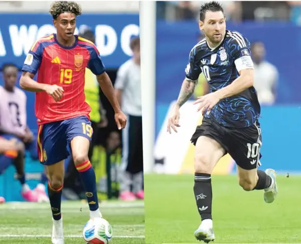 Lamine Yamal  de España y Lionel Messi de Argentina estarán de frente en la gran final de la Copa del Mundo el domingo.  ap